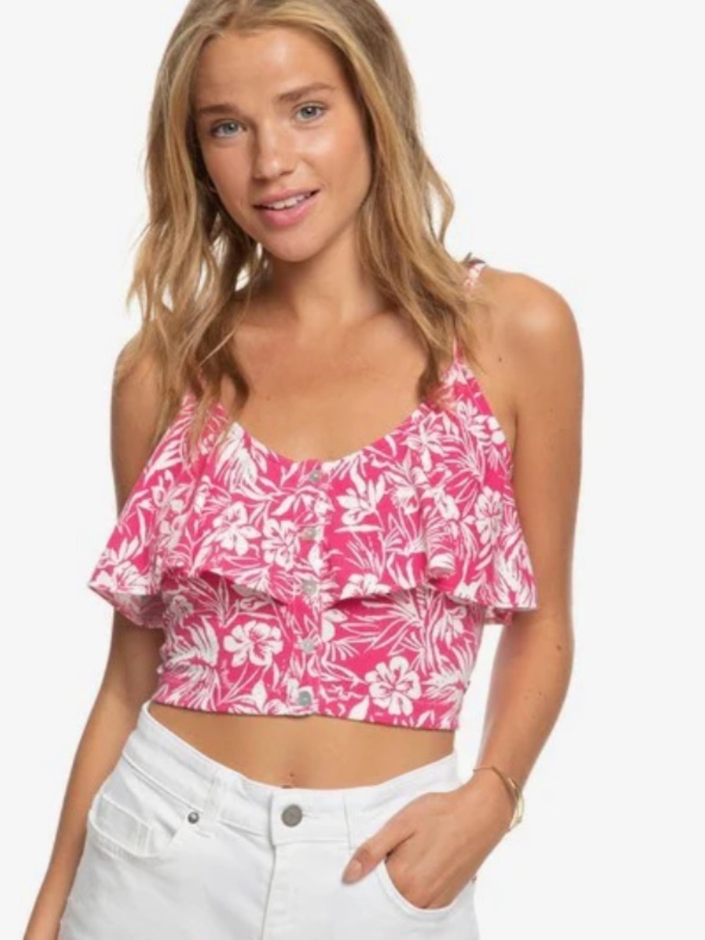 ROXY Crop Top Pink Floral Tropical Hibiscus Ruffle Button Down Jr L ERJKT03685
